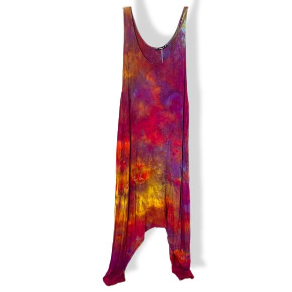 Hand tie dyed romper sleeveless burgundy rainbow galaxy L